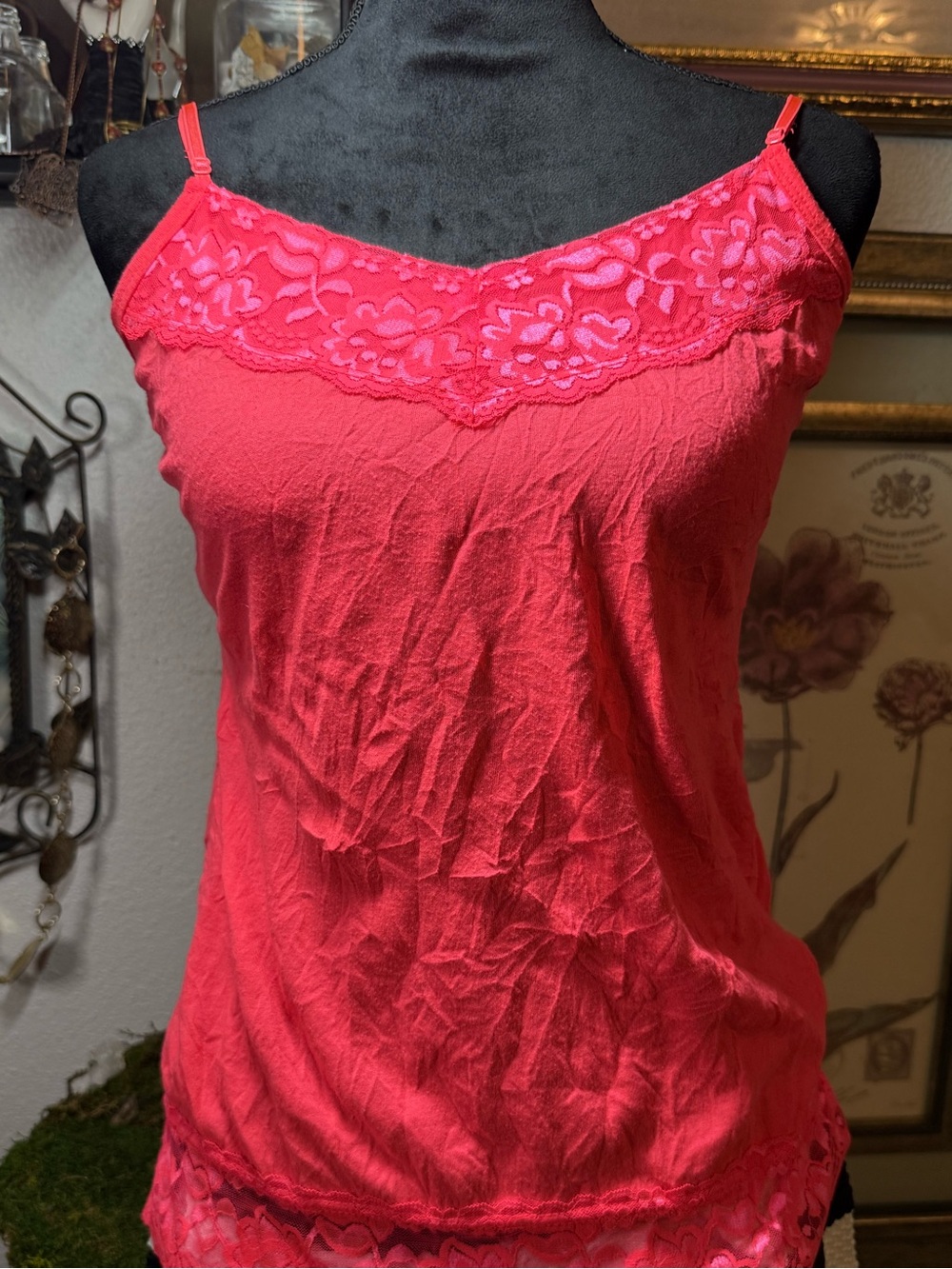 MAURICES Hot Pink Crinkle Lace Trim Cami Tank Top Size M